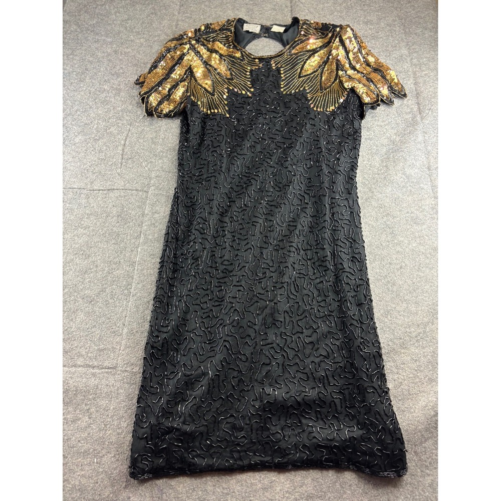 Stenay VTG 100% Silk Beaded Sequin Dress Black Gold Butterfly‎ Wing Cocktail 12